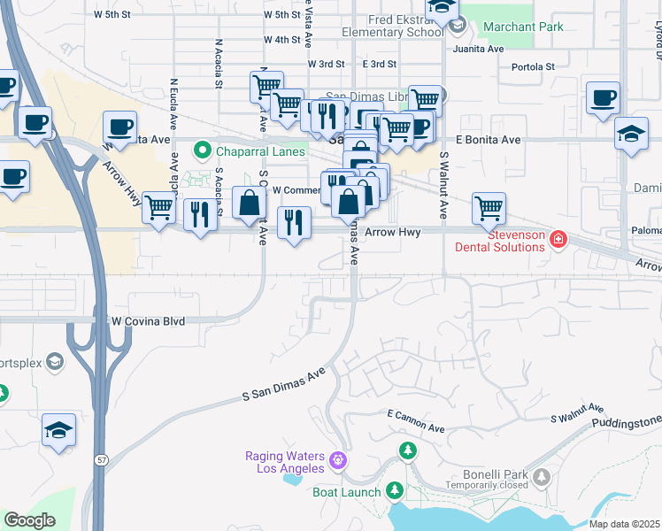 map of restaurants, bars, coffee shops, grocery stores, and more near 503 San Lucas Court in San Dimas
