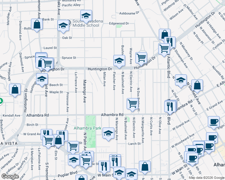 map of restaurants, bars, coffee shops, grocery stores, and more near 1969 Fletcher Avenue in South Pasadena