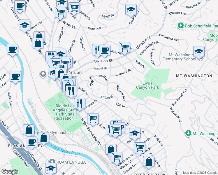 map of restaurants, bars, coffee shops, grocery stores, and more near 3172 Future Street in Los Angeles