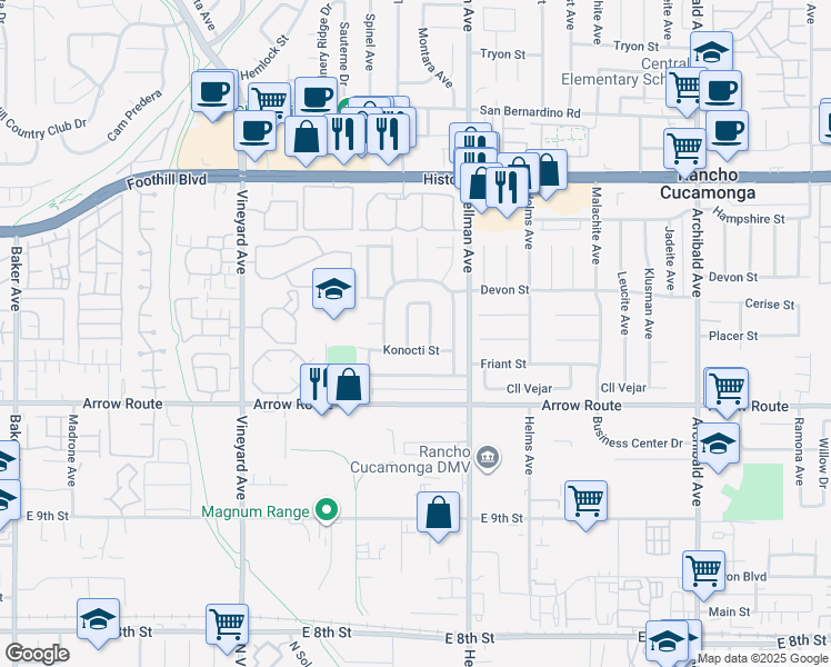 map of restaurants, bars, coffee shops, grocery stores, and more near 9201 Konocti Street in Rancho Cucamonga