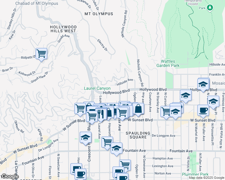 map of restaurants, bars, coffee shops, grocery stores, and more near 7929 Hollywood Boulevard in Los Angeles