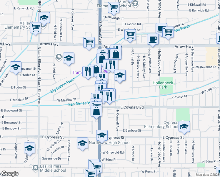 map of restaurants, bars, coffee shops, grocery stores, and more near 1159 North Conwell Avenue in Covina