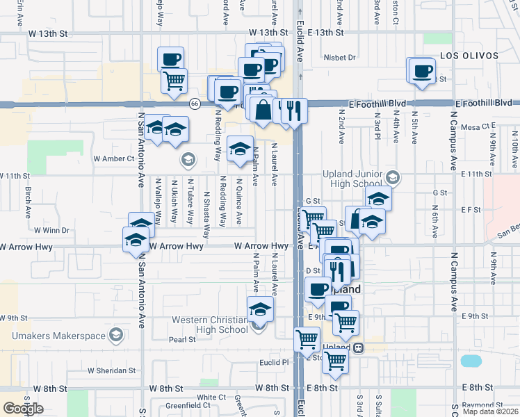 map of restaurants, bars, coffee shops, grocery stores, and more near 656 North Palm Avenue in Upland