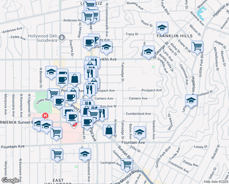 map of restaurants, bars, coffee shops, grocery stores, and more near 4353 Camero Avenue in Los Angeles