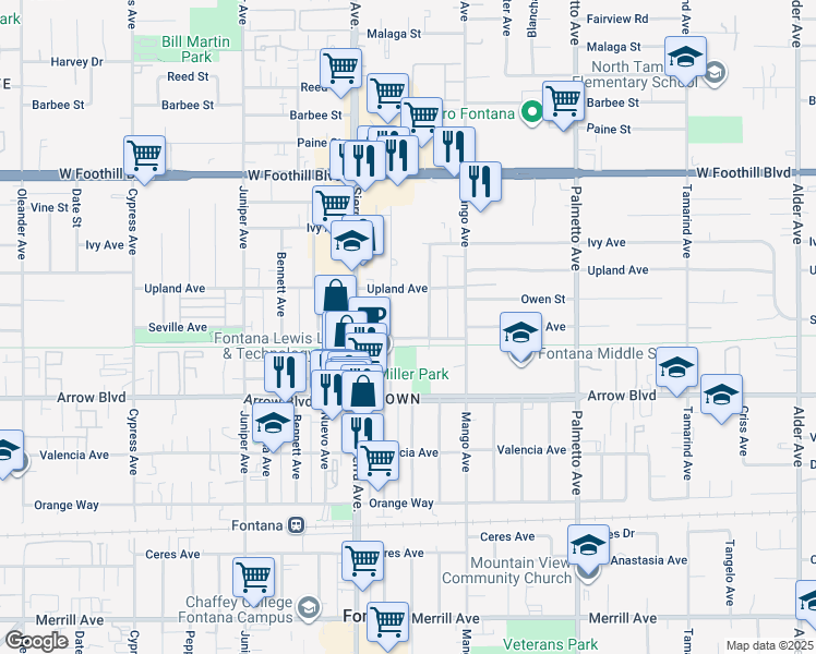 map of restaurants, bars, coffee shops, grocery stores, and more near 17005 Upland Avenue in Fontana