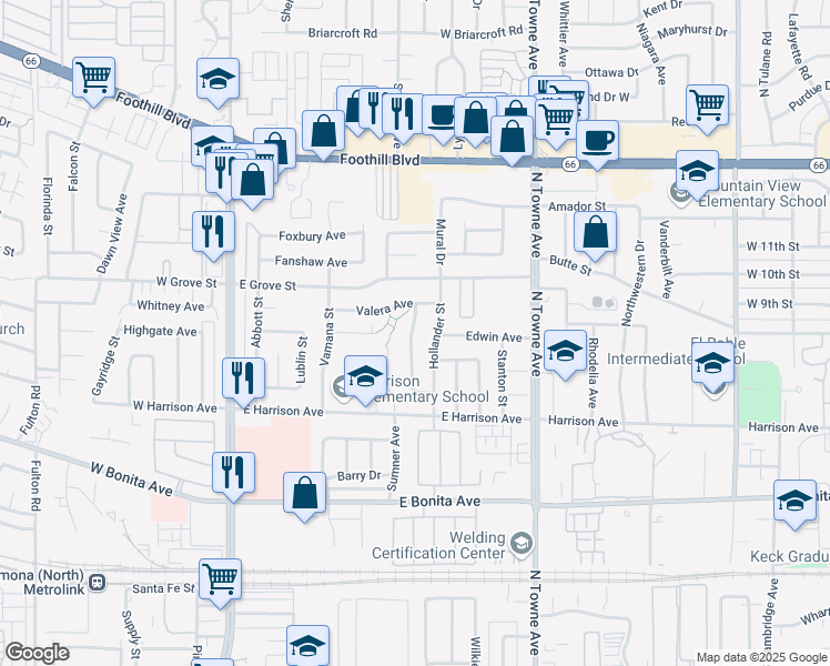 map of restaurants, bars, coffee shops, grocery stores, and more near 3040 Battram Street in Pomona