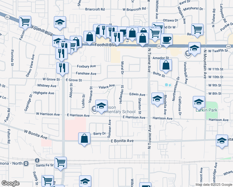 map of restaurants, bars, coffee shops, grocery stores, and more near 3040 Battram Street in Pomona