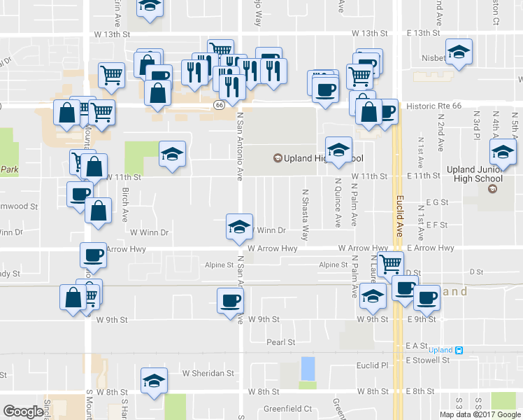 map of restaurants, bars, coffee shops, grocery stores, and more near 656 North Vallejo Way in Upland