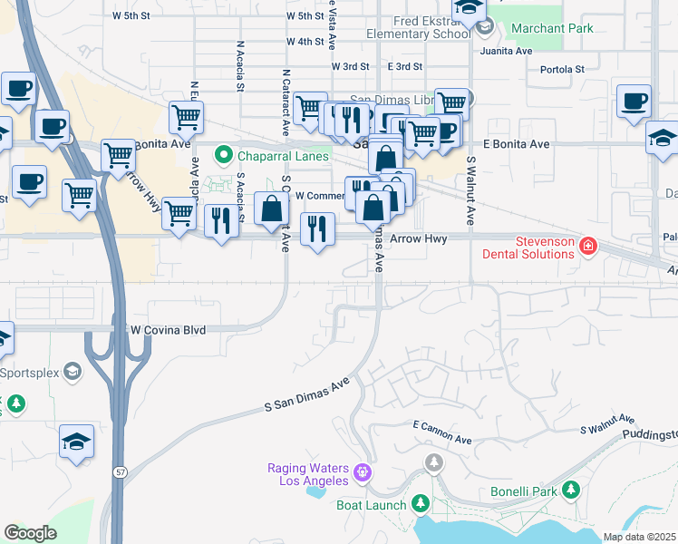 map of restaurants, bars, coffee shops, grocery stores, and more near 144 Citrus Ranch Road in San Dimas