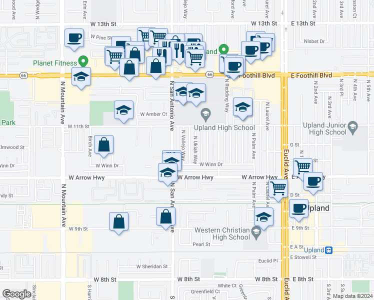 map of restaurants, bars, coffee shops, grocery stores, and more near 656 North Vallejo Way in Upland