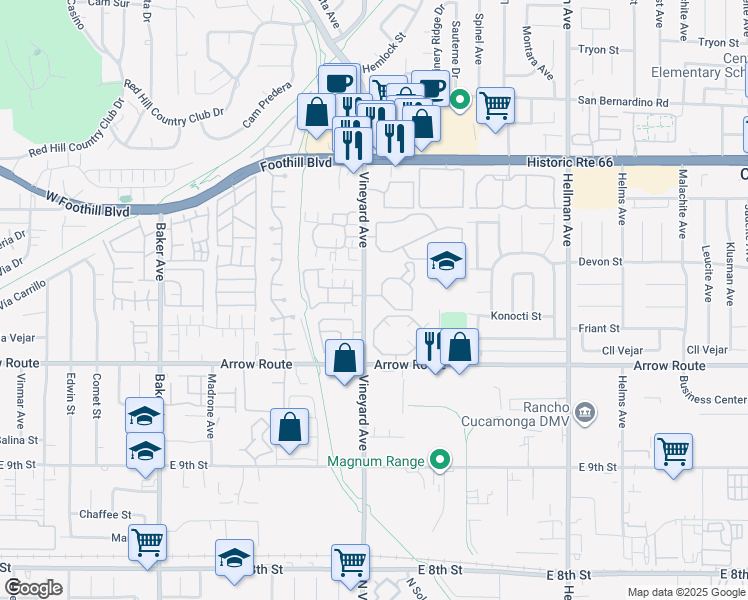 map of restaurants, bars, coffee shops, grocery stores, and more near 8333 Vineyard Avenue in Rancho Cucamonga