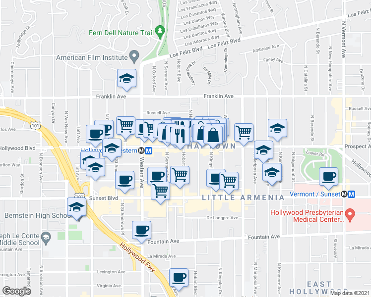 map of restaurants, bars, coffee shops, grocery stores, and more near 5282 Hollywood Boulevard in Los Angeles