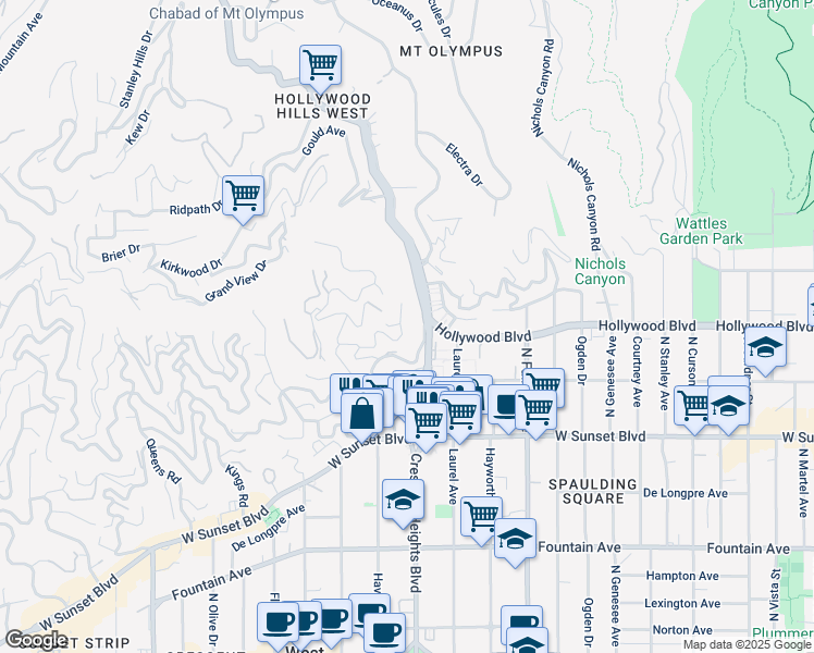 map of restaurants, bars, coffee shops, grocery stores, and more near 8116 Laurel View Drive in Los Angeles