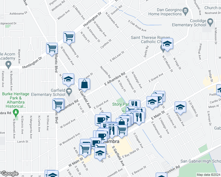 map of restaurants, bars, coffee shops, grocery stores, and more near 428 North Chapel Avenue in Alhambra