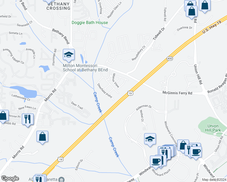 map of restaurants, bars, coffee shops, grocery stores, and more near 1517 Deerfield Point in Milton