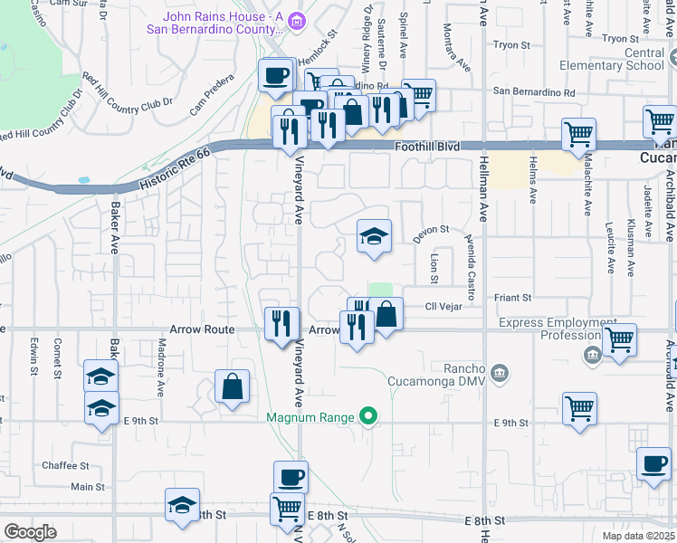 map of restaurants, bars, coffee shops, grocery stores, and more near 8323 Vineyard Avenue in Rancho Cucamonga