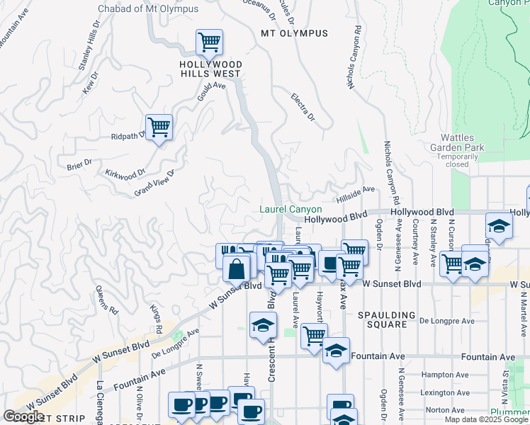 map of restaurants, bars, coffee shops, grocery stores, and more near 8116 Laurel View Drive in Los Angeles