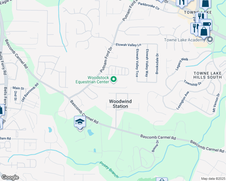map of restaurants, bars, coffee shops, grocery stores, and more near 726 Wind Song Trce in Woodstock
