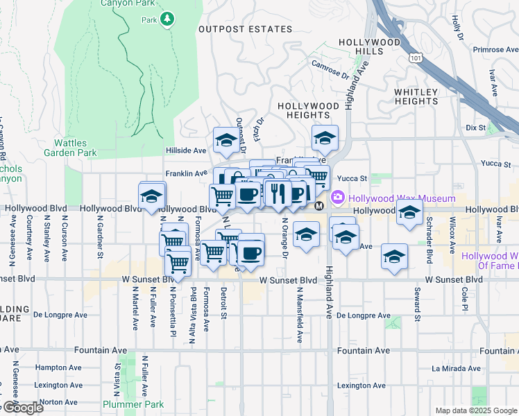 map of restaurants, bars, coffee shops, grocery stores, and more near 7021 Hollywood Boulevard in Los Angeles