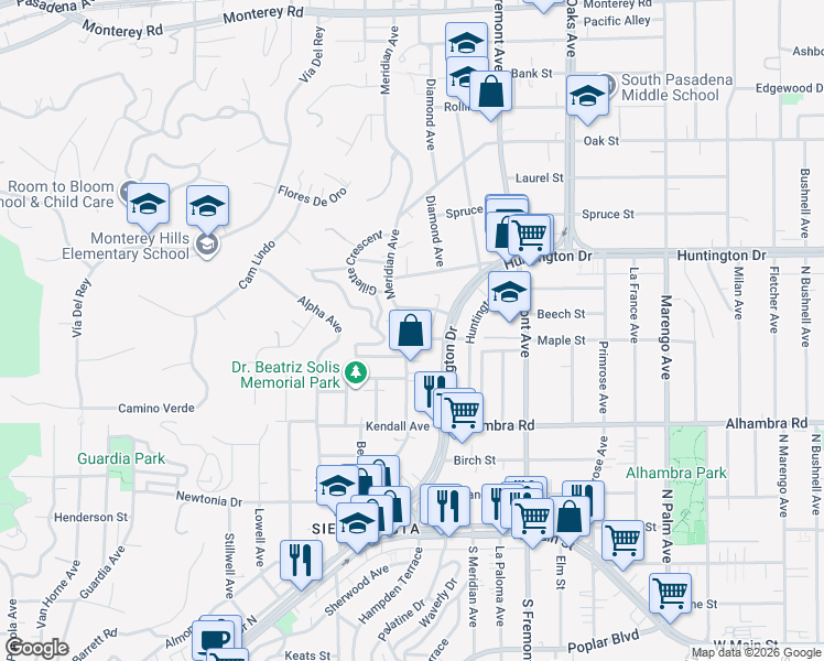 map of restaurants, bars, coffee shops, grocery stores, and more near 1104 Maple Street in South Pasadena