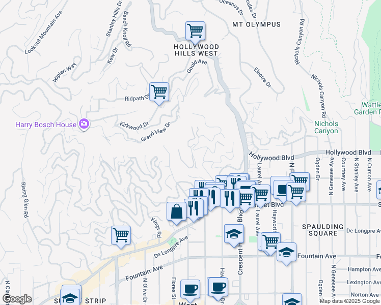 map of restaurants, bars, coffee shops, grocery stores, and more near 1675 Woods Drive in Los Angeles