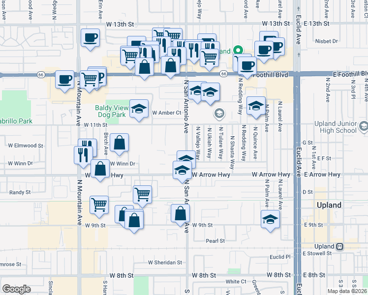 map of restaurants, bars, coffee shops, grocery stores, and more near 665 North San Antonio Avenue in Upland