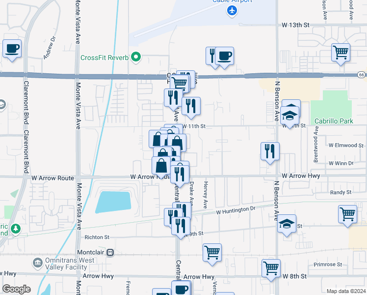 map of restaurants, bars, coffee shops, grocery stores, and more near 630 Chandler Walk in Upland