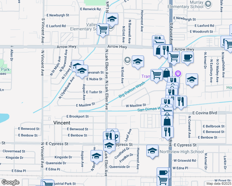 map of restaurants, bars, coffee shops, grocery stores, and more near 1147 West Greenhaven Street in Covina
