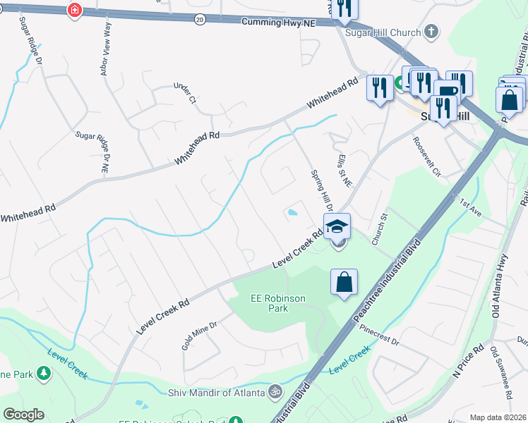 map of restaurants, bars, coffee shops, grocery stores, and more near 4987 Oak Grove Drive in Sugar Hill