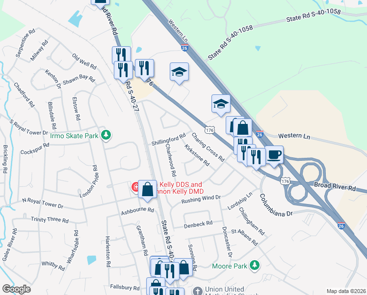 map of restaurants, bars, coffee shops, grocery stores, and more near 206 Kirkstone Road in Irmo