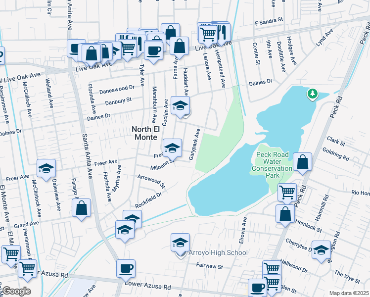 map of restaurants, bars, coffee shops, grocery stores, and more near 5300 Huddart Avenue in Arcadia