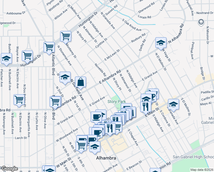map of restaurants, bars, coffee shops, grocery stores, and more near 428 North Chapel Avenue in Alhambra