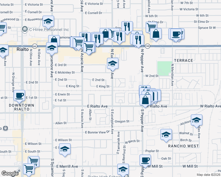 map of restaurants, bars, coffee shops, grocery stores, and more near 657 East King Street in Rialto