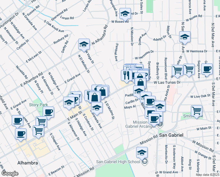 map of restaurants, bars, coffee shops, grocery stores, and more near 18 North Vega Street in Alhambra