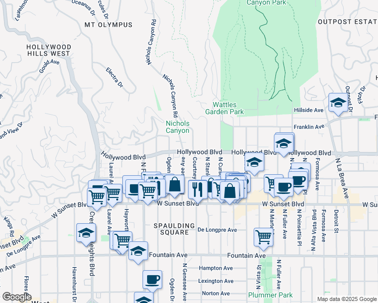 map of restaurants, bars, coffee shops, grocery stores, and more near 7721 Hollywood Boulevard in Los Angeles