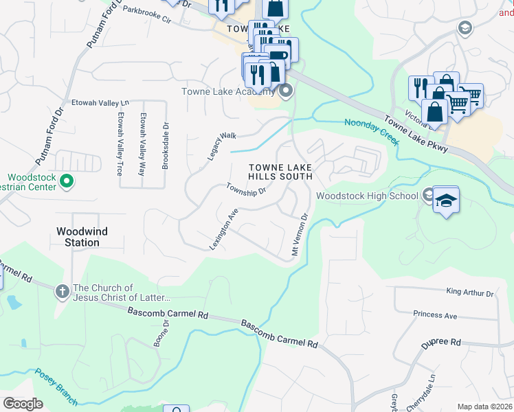 map of restaurants, bars, coffee shops, grocery stores, and more near 511 Mount Vernon Lane in Woodstock