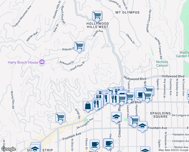 map of restaurants, bars, coffee shops, grocery stores, and more near 1646 Woods Drive in Los Angeles