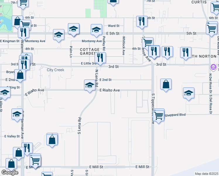 map of restaurants, bars, coffee shops, grocery stores, and more near 907 East Rialto Avenue in San Bernardino