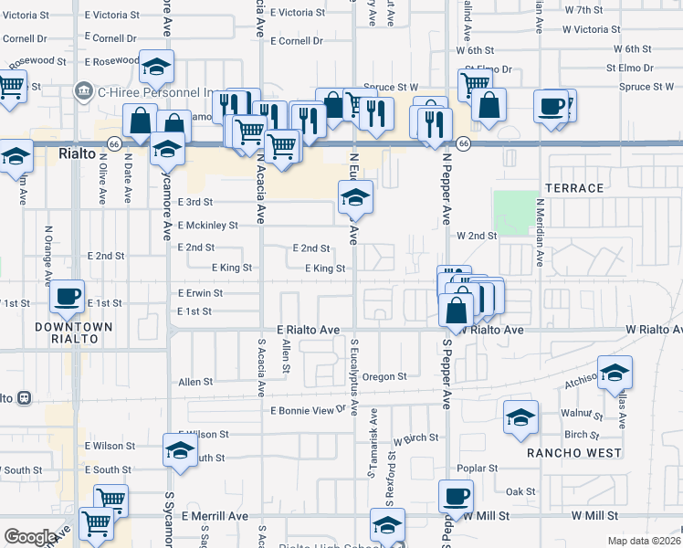 map of restaurants, bars, coffee shops, grocery stores, and more near 646 North Primrose Avenue in Rialto