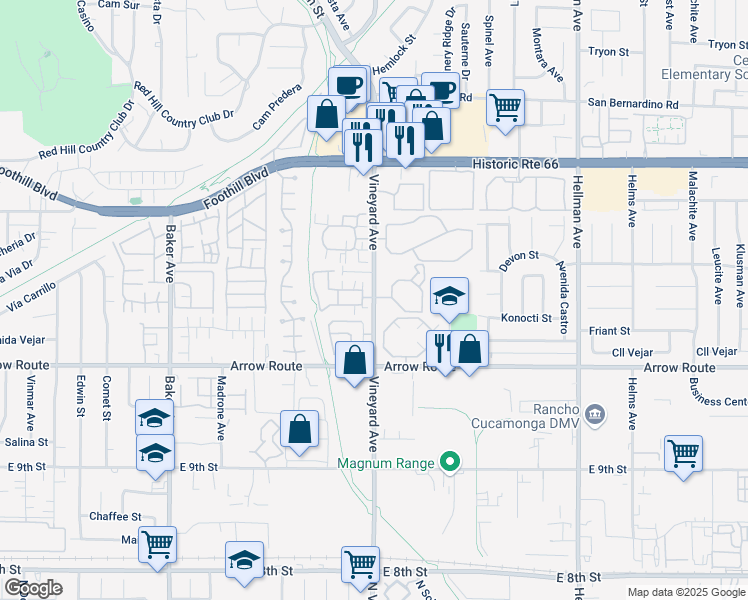 map of restaurants, bars, coffee shops, grocery stores, and more near 8405 Vineyard Avenue in Rancho Cucamonga
