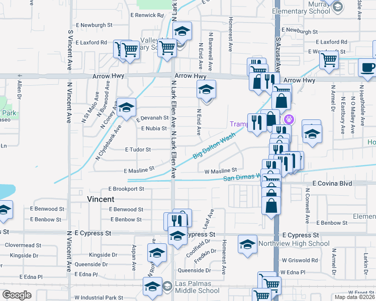 map of restaurants, bars, coffee shops, grocery stores, and more near 1147 West Greenhaven Street in Covina