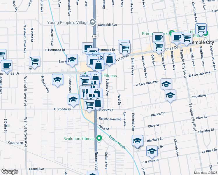 map of restaurants, bars, coffee shops, grocery stores, and more near 5600 Sultana Avenue in Temple City