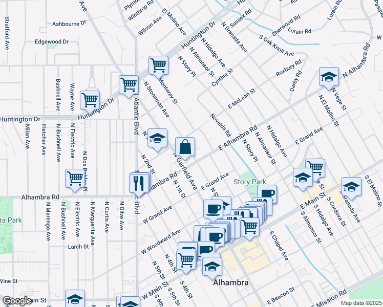 map of restaurants, bars, coffee shops, grocery stores, and more near 100 East Alhambra Road in Alhambra