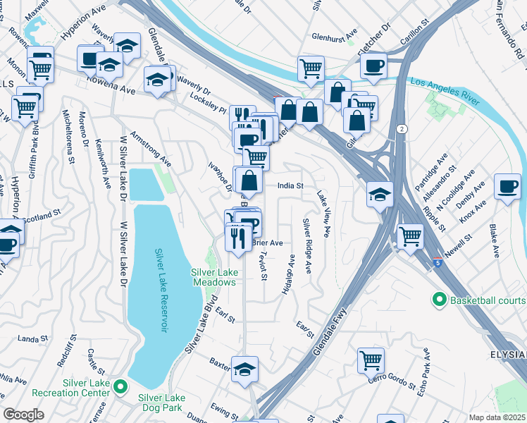 map of restaurants, bars, coffee shops, grocery stores, and more near 2421 Silver Lake Boulevard in Los Angeles