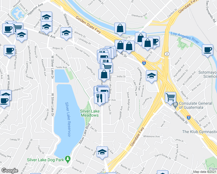 map of restaurants, bars, coffee shops, grocery stores, and more near 2421 Silver Lake Boulevard in Los Angeles