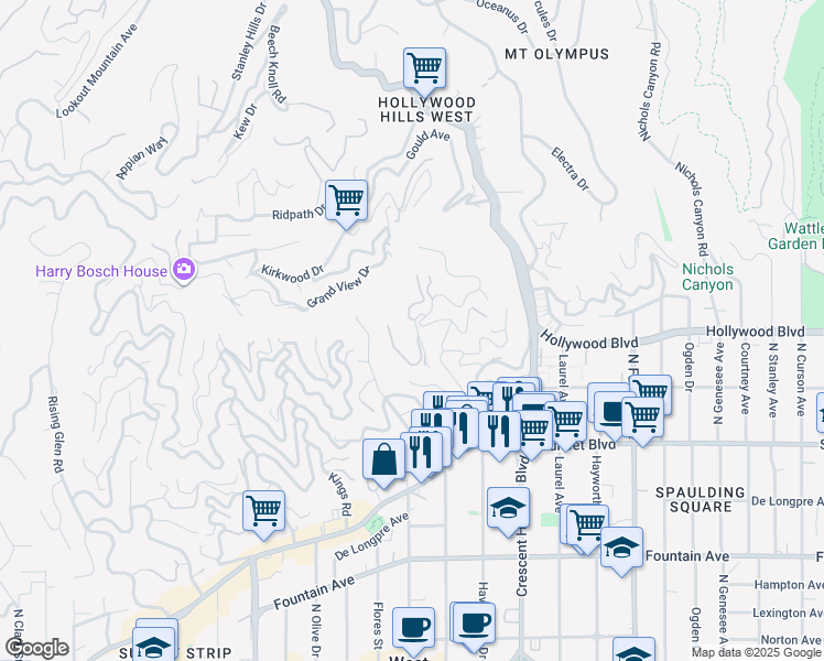 map of restaurants, bars, coffee shops, grocery stores, and more near 1646 Woods Drive in Los Angeles