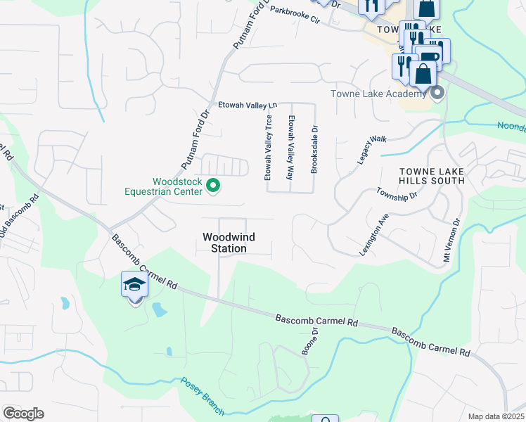 map of restaurants, bars, coffee shops, grocery stores, and more near 708 Wind Song Trce in Woodstock