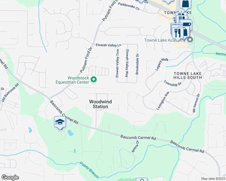 map of restaurants, bars, coffee shops, grocery stores, and more near 710 Wind Song Trce in Woodstock
