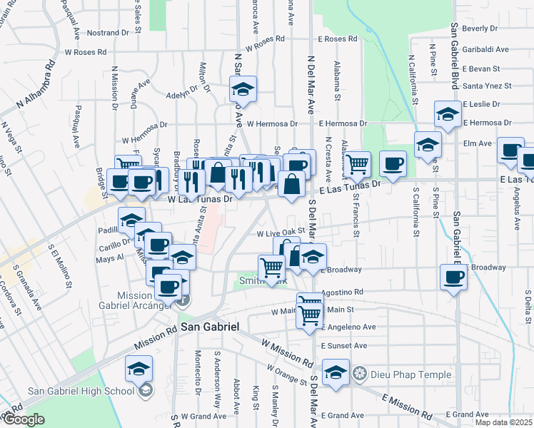 map of restaurants, bars, coffee shops, grocery stores, and more near 130 Junipero Serra Drive in San Gabriel
