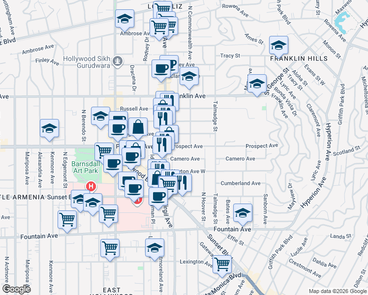 map of restaurants, bars, coffee shops, grocery stores, and more near 4403 Camero Avenue in Los Angeles